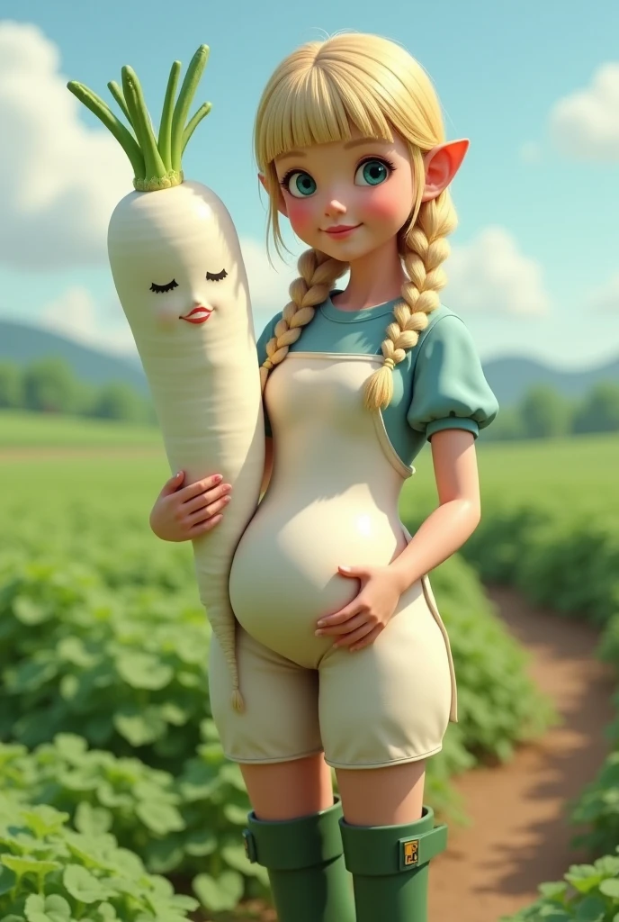 Super realistic illustration, Cinema 4D rendering, ((The Daikon with green leaves, shaped to resemble a lady's groin and thighs, Daikon skin texture)), 1 lady, solo, blush smile, braided blonde hair, blunt bangs, Azure eyes. white apron with sleeves, green rubber boots, Harvesting daikon in a large field, holding a big Daikon, showing a big Daikon to the camera, Pastoral Idyll