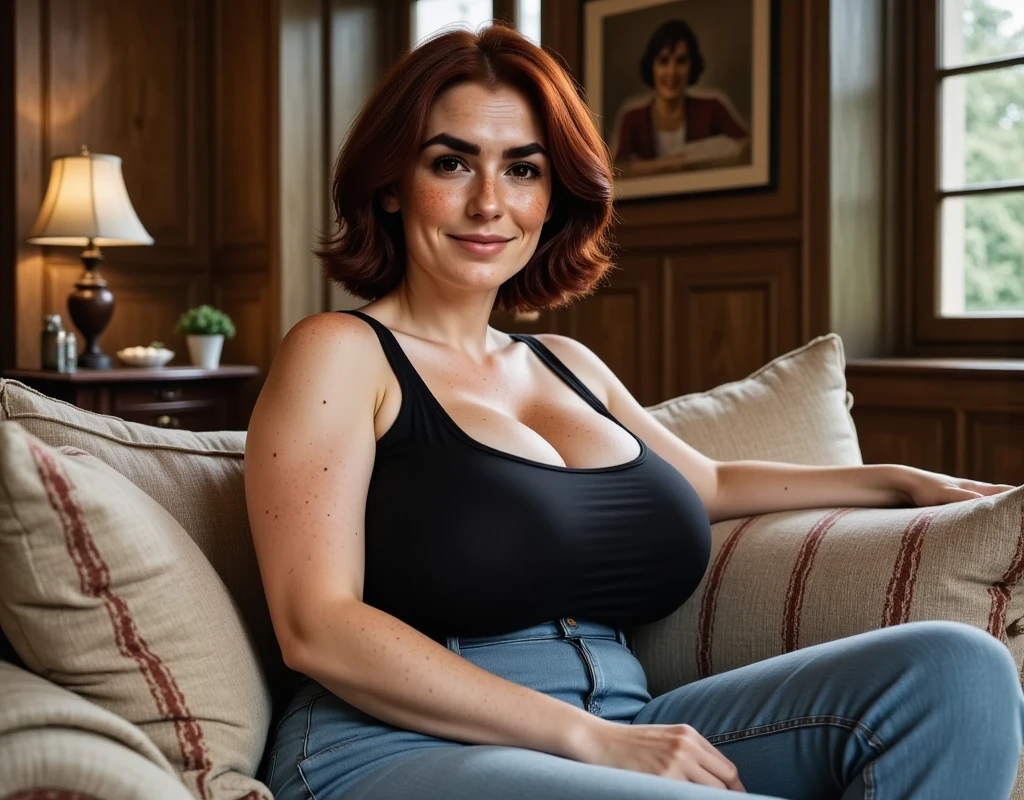 Photorealistic picture, cinematic style, a beautiful British woman is sitting on her couch.  slight smile. She has Brown eyes, downturned eye shape, light skin and freckles. long bob hairstyle. She's wearing a black tank top, light blue jeans.(enormous breasts:1.5), gigantic bosom. thick thighs, broad hips. perfect hand,HDR, intricate details
