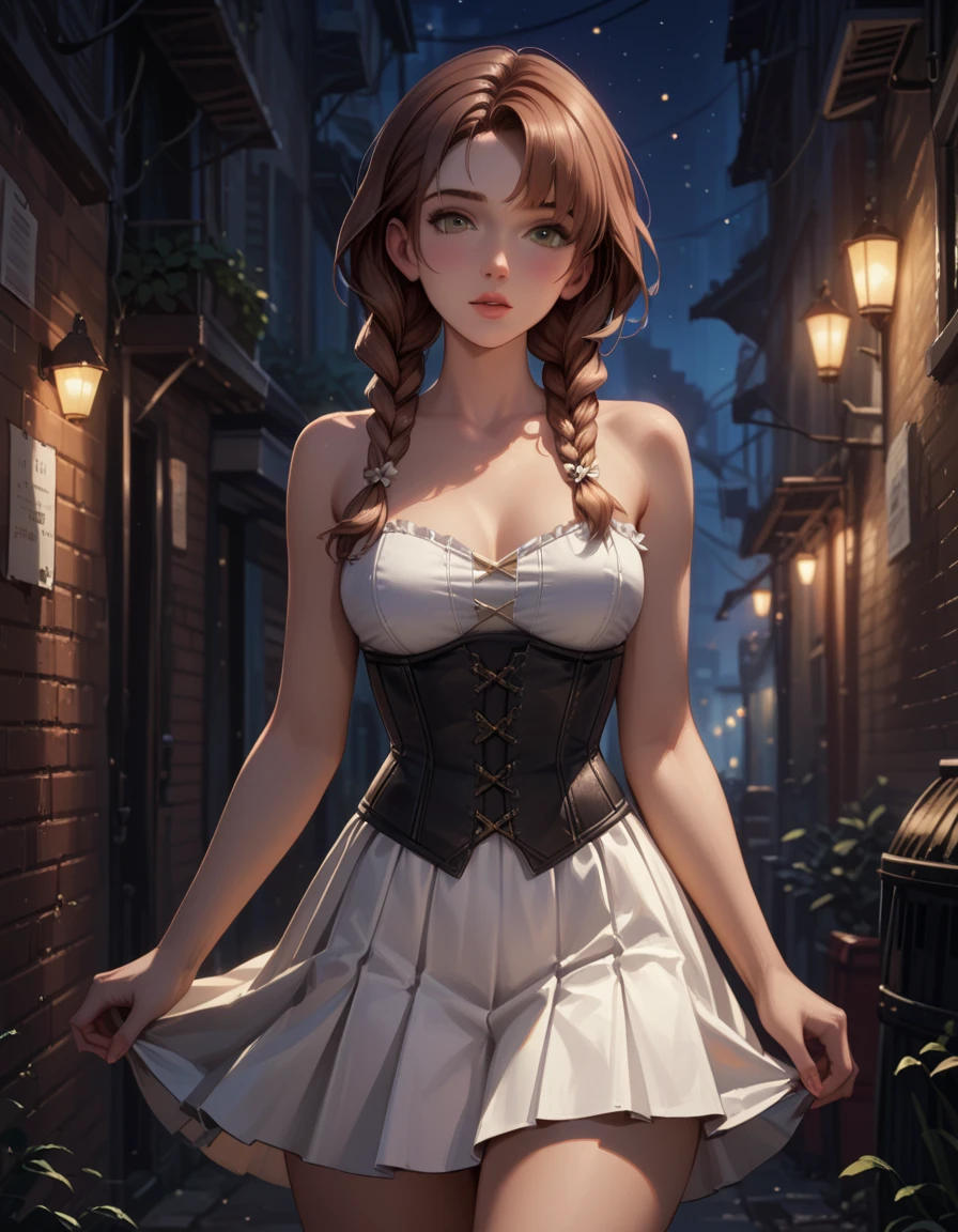 score_9, score_8_up, score_7_up, 1girl, solo, BREAK beautiful waifu, very sexy (Anna, brown hair, braided pigtails:1.3), BREAK wearing (sexy black_corset, bare arms, bare shoulders:1.4), (tight skirt, white_skirt:1.3), thighs, BREAK (night, dark:1.4), dark alley, shallow depth of field, vignette, bokeh, BREAK (Hand, detailed, perfect, perfection, hands:1.2), perfect hands, perfect proportions, simple background, (cowboy shot:1.2).