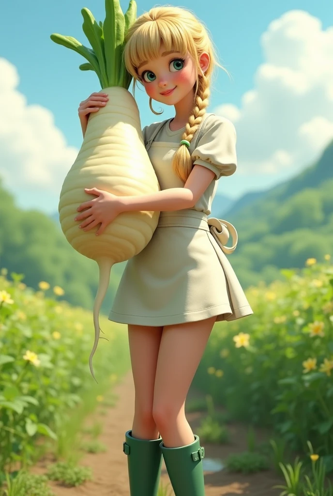 Super realistic illustration, Cinema 4D rendering, ((The Daikon with green leaves, shaped to resemble a lady's groin and thighs, Daikon skin texture)), 1 lady, solo, blush smile, braided blonde hair, blunt bangs, Azure eyes. white apron with sleeves, green rubber boots, Harvesting daikon in a large field, holding a big Daikon, showing a big Daikon to the camera, Pastoral Idyll