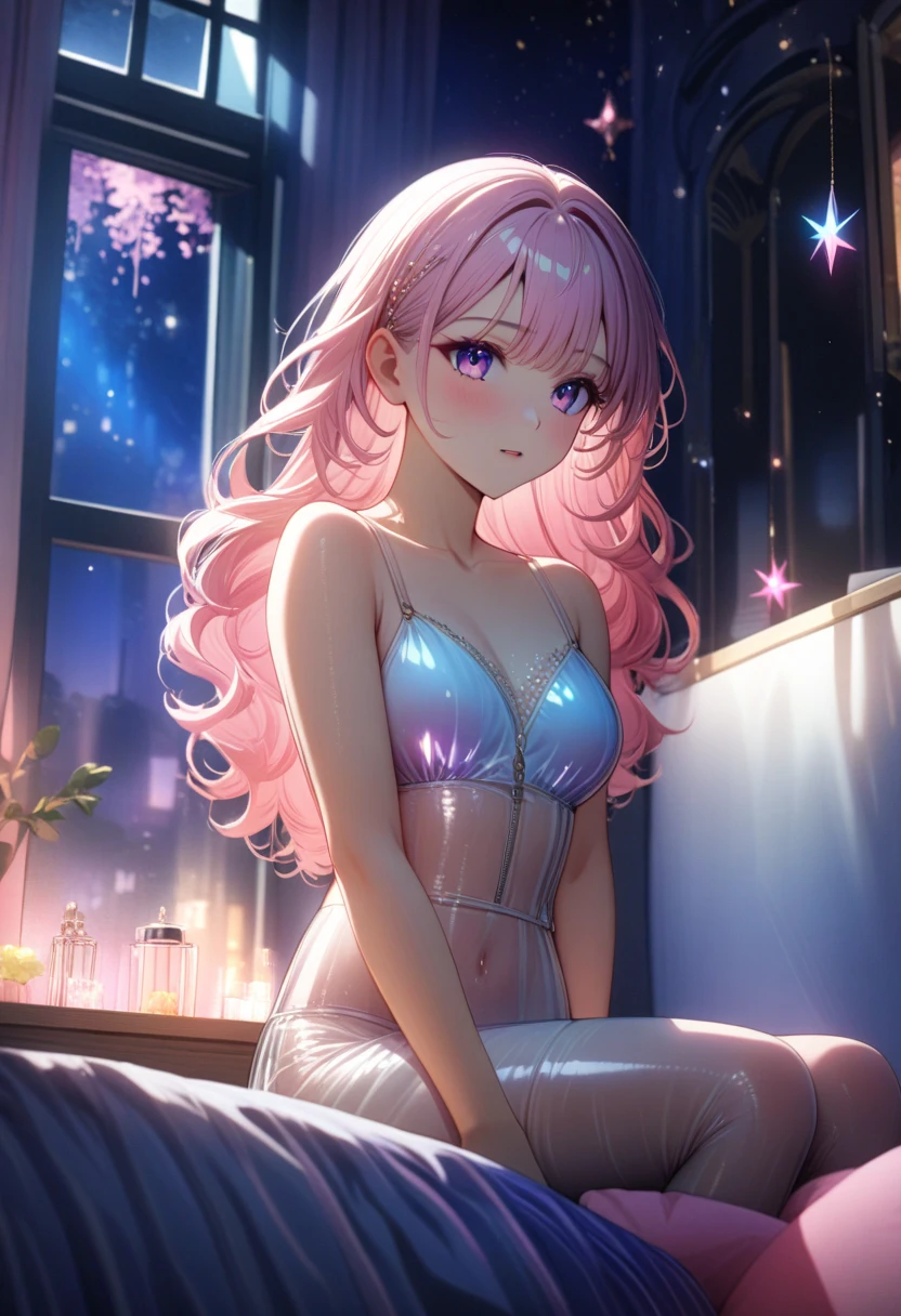 anime,  Multiple Colorful Background ,  Girl in Flirting Position , ( Light Outfit Translucent  :1.1), Tight fitting, Shine,  Complex Details , It sparkles,  Light Makeup , bright colors, lush hair,  Soft Lighting , ( Designer Room Decoration :1.2), Beautiful Bed , white windows,  Clear Glass , moonlight, night magic, masterpiece,  Complex Details , 8 k,  better quality,