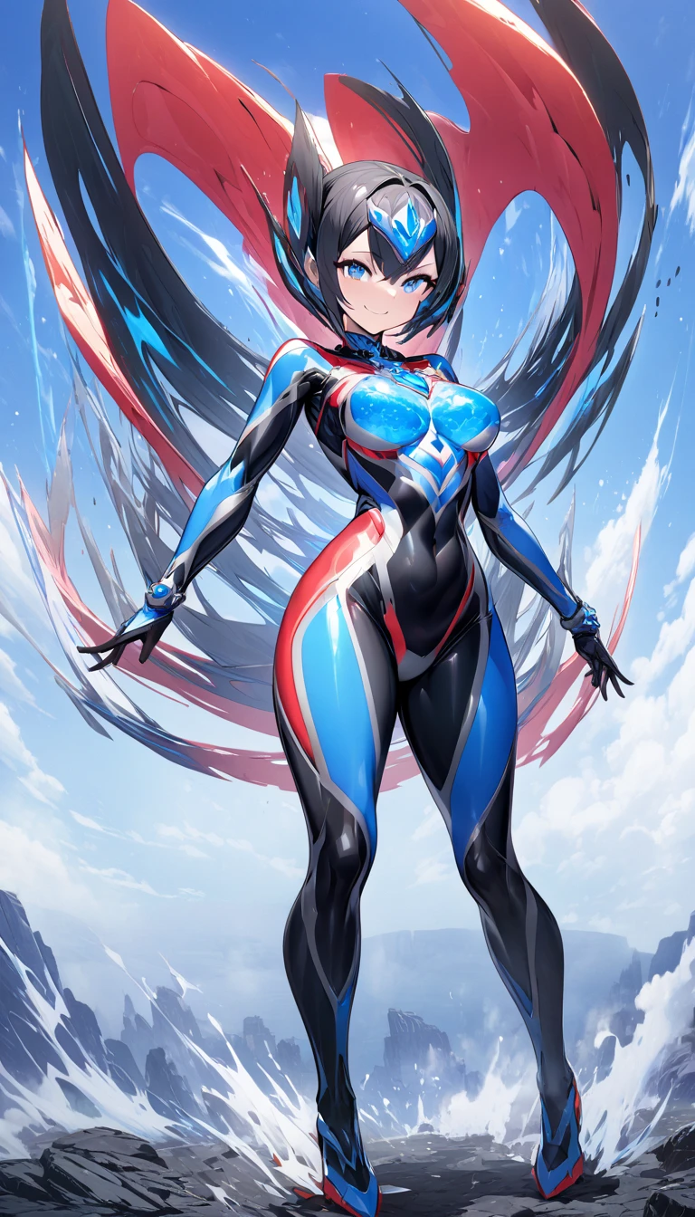 girl masterpiece, best quality, high resolution, black hair, ultra girl, big scale, multi colored body suit, full body, blue gem on the chest, standing, hand on waist, smiling, blue sky, 