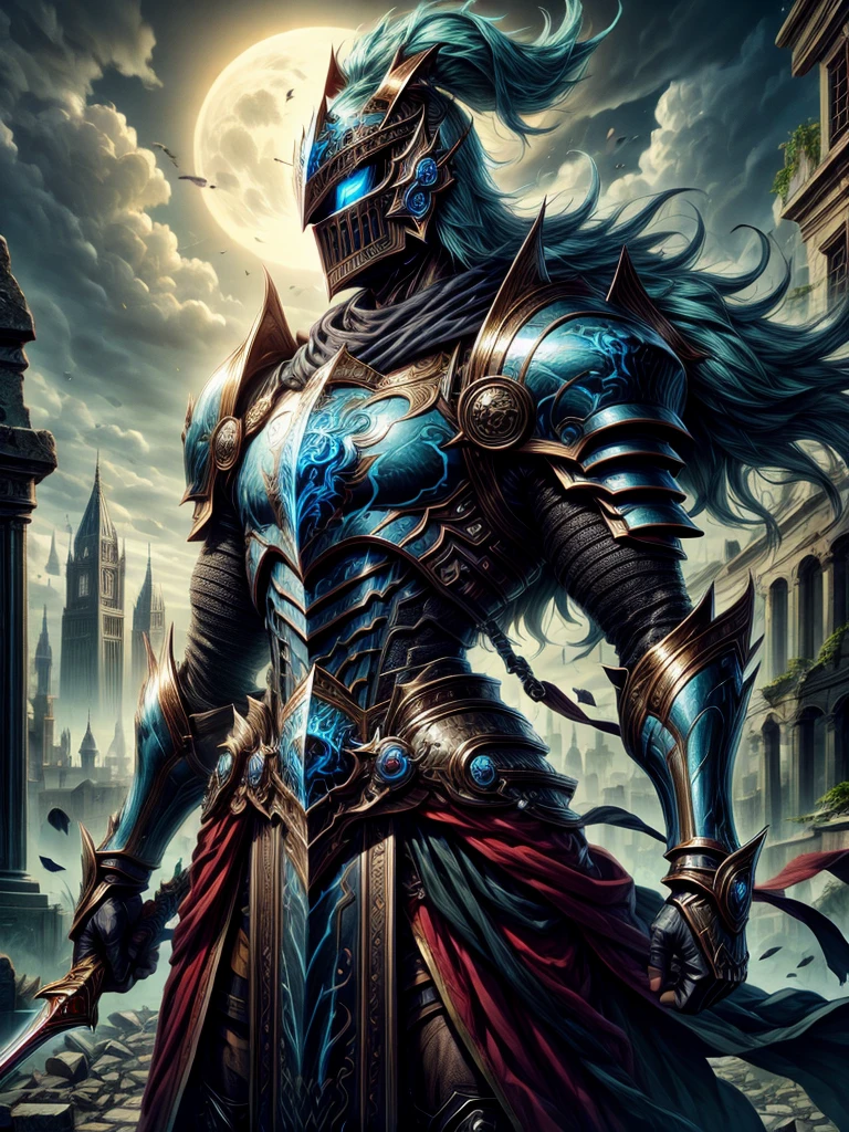 Knight of Darkness bright cyan blue eyes in mask with ruins in the moonlight background