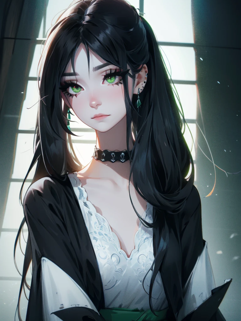 emo_hairstyle,, black tie, ((long hair)), ((straight hair)), (((black hair))), side swept bangs, white skin, pale, white, (green eye), tired expression, choker, ((dark makeup, mascara, eyeshadow)), multiple piercings, best quality, 8k,, erotic, slytherin
