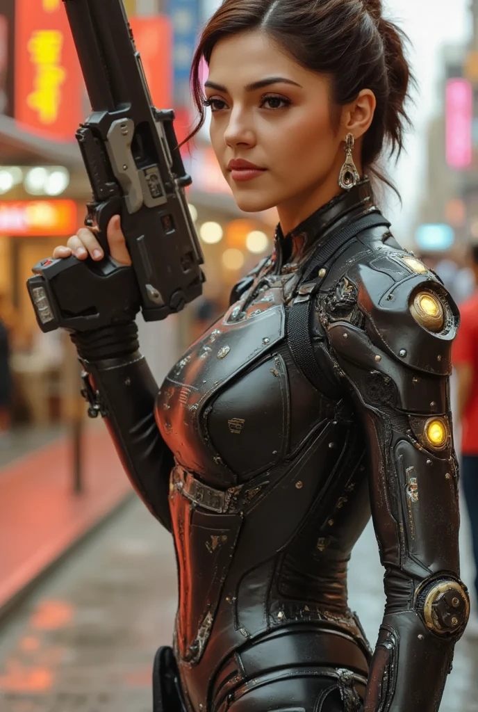 Meereen in a futuristic suit with a gun in her hand, girl in mecha cyber armor, mechanized soldier girl, cgsociety and fenghua zhong, perfect android girl, cute cyborg girl, cyberpunk photorealistic girl mech, female mecha, beutiful girl cyborg, cyborg girl, wojtek fus, portrait armored astronaut girl, mechanized valkyrie girl,, realistic face