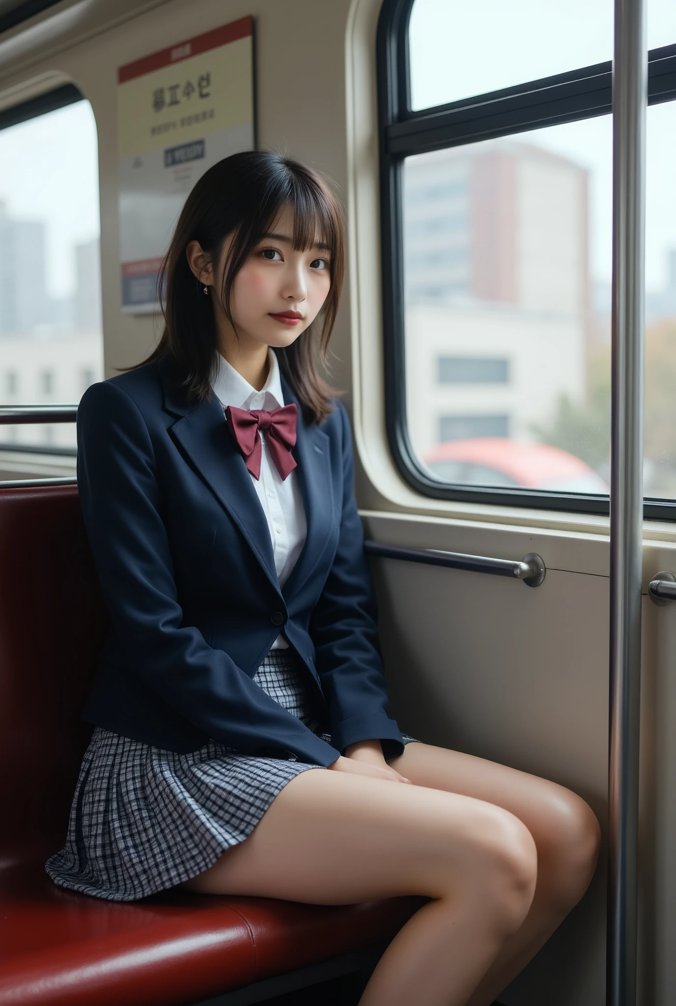 A hyper-realistic, photorealistic depiction of a Japanese high school girl sitting on a train seat. She is wearing a traditional school uniform, including a navy-blue blazer, white shirt, pleated skirt, and a neatly tied ribbon or bow. Her black hair is styled simply, and she looks out of the window with a thoughtful expression. Her thighs are prominently visible, appearing fair, smooth, and slightly emphasized with realistic lighting and texture. The train interior is modern and clean, with metal handrails, overhead advertisements, and soft natural lighting that creates a realistic and authentic atmosphere. The background shows faint glimpses of an urban cityscape through the window, with buildings and trees blurred by motion.