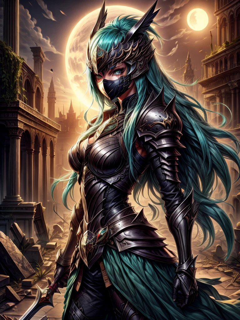 Dark Knight female bright cyan eyes in mask with ruins in the moonlight background