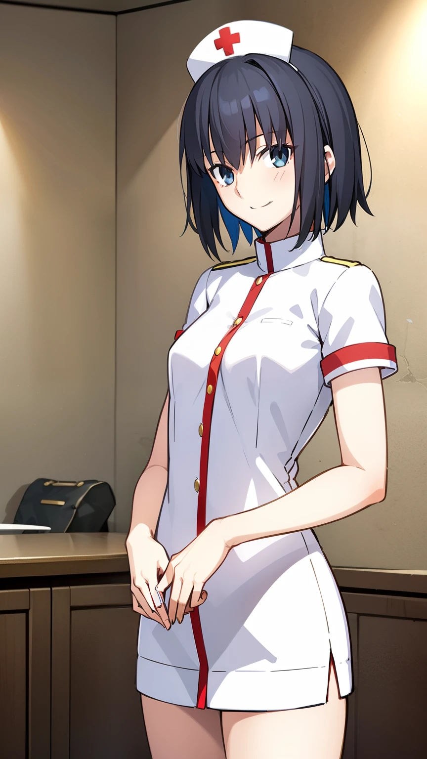 White nurse uniform, White nurse hat, Nurses room background , Sayuri,  anime cell style ,  best quality,  high definition ,  1 girl, very small breasts,  Facial beauty,  black hair,  wavy hair,  short hair ,  dark eyes,  COWBOY SHOOTING , smile,  blanking