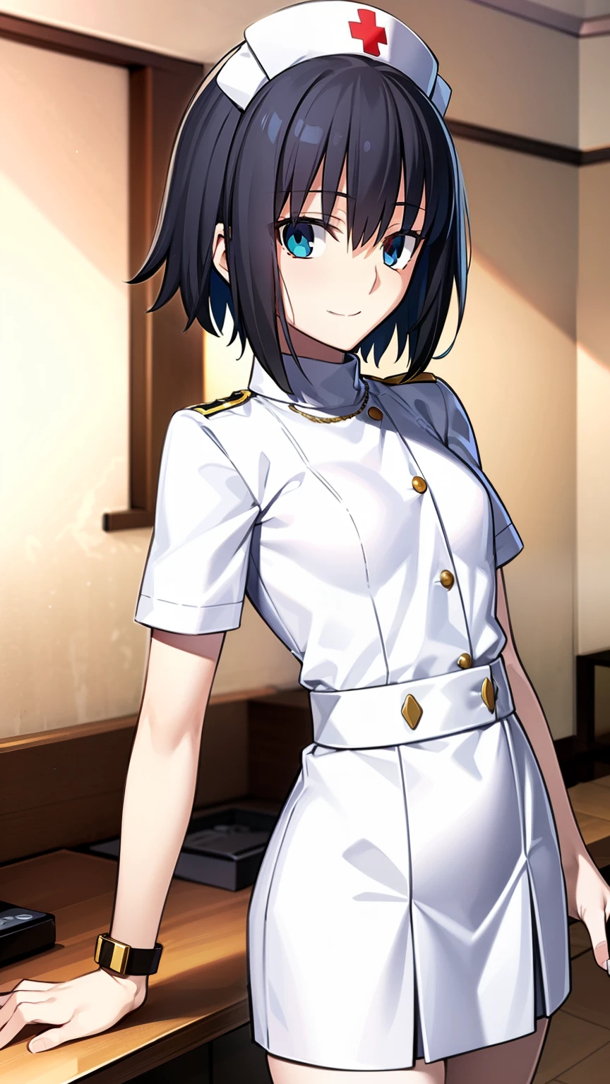 White nurse uniform, White nurse hat, Nurses room background , Sayuri,  anime cell style ,  best quality,  high definition ,  1 girl, very small breasts,  Facial beauty,  black hair,  wavy hair,  short hair ,  dark eyes,  COWBOY SHOOTING , smile,  blanking