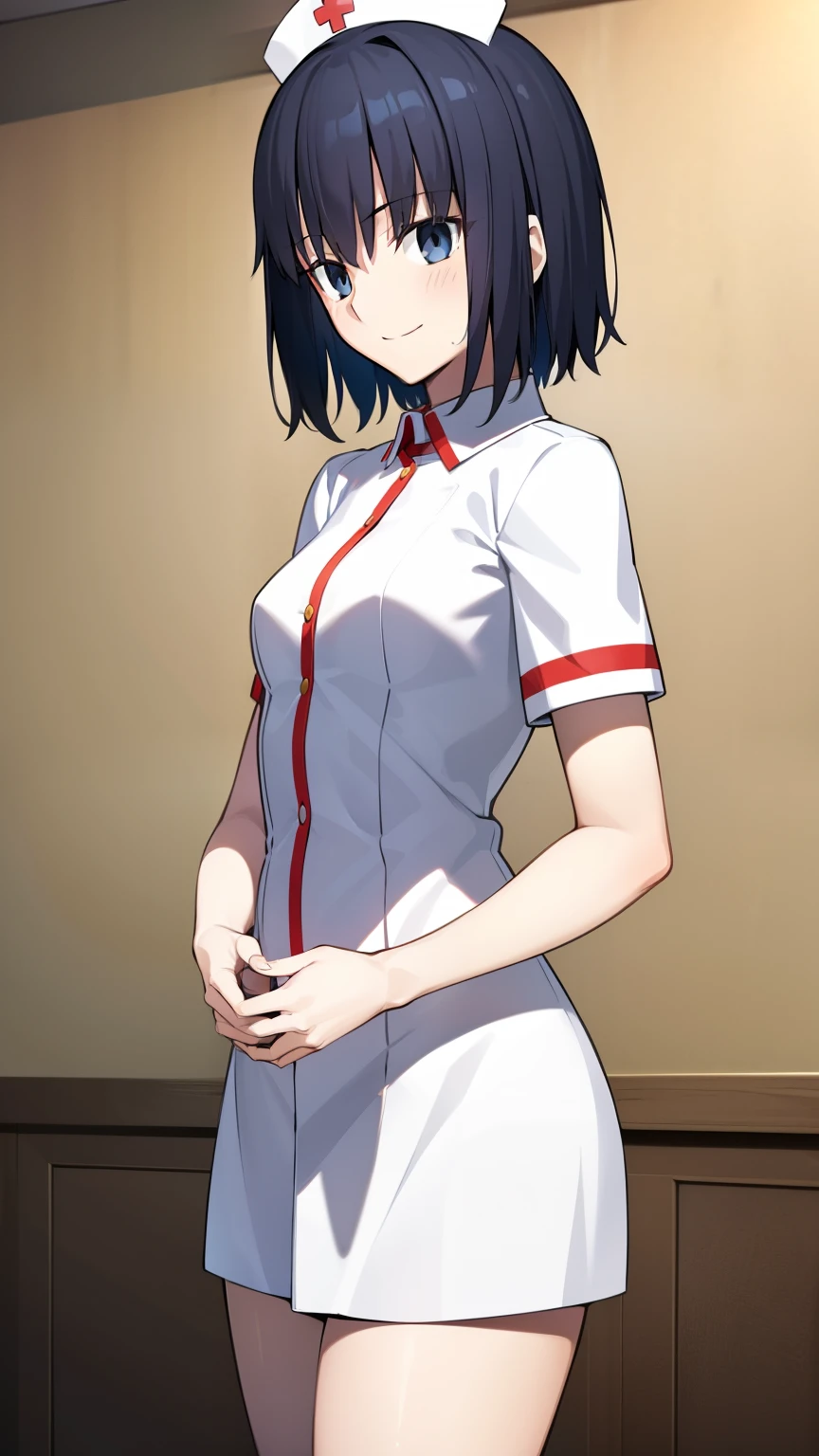 White nurse uniform, White nurse hat, Nurses room background , Sayuri,  anime cell style ,  best quality,  high definition ,  1 girl, very small breasts,  Facial beauty,  black hair,  wavy hair,  short hair ,  dark eyes,  COWBOY SHOOTING , smile,  blanking