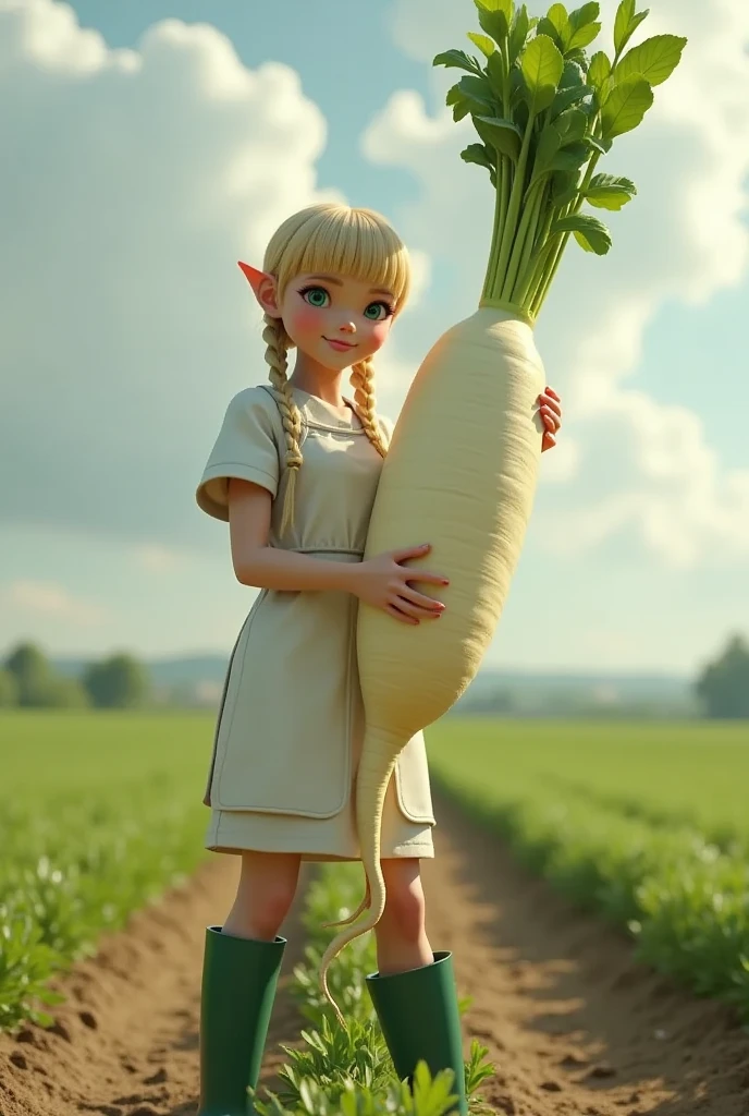 Super realistic illustration, Cinema 4D rendering, ((the Daikon shaped like a woman's crotch or thigh, It becomes bifurcated from the center, the pointed tips are tangled and twisted, tip, Daikon leaves growing at the top, White Daikon texture, The white part and the leaf part show a natural connection typical of Daikon)), 1 lady, solo, blush smile, braided blonde hair, blunt bangs, Azure eyes. white apron with sleeves, green rubber boots, Harvesting daikon in a large field, holding a big Daikon, showing a big Daikon to the camera, Pastoral Idyll