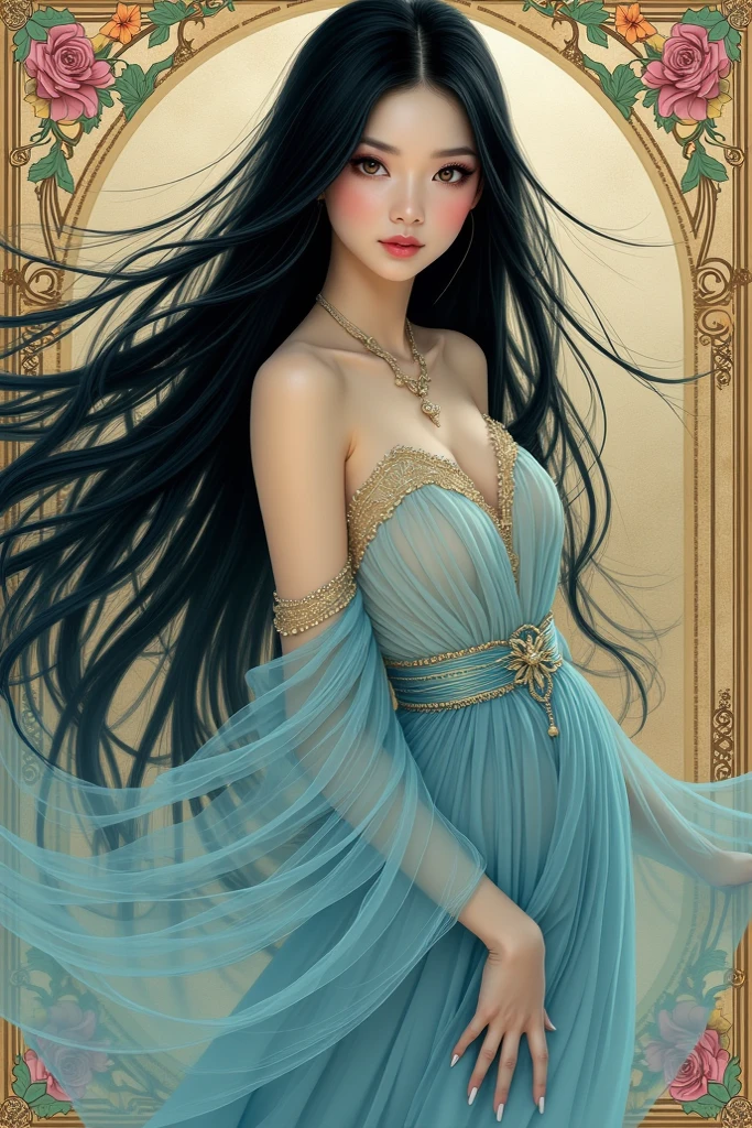 illustration of a woman in a dress with a veil and flowers, an anime drawing by Alice Prin, tumblr, art nouveau, in style of anna dittmann, porcelain skin. studio ghibli, beautiful illustration, the sailor galaxia. beautiful, beautiful drawing style, corpse bride art style, alphonse mucha and rossdraws, style of charlie bowater, dreamy illustration