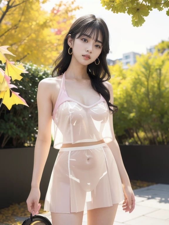 ((A woman)), 美丽脸庞的Sexy中国华裔美少女, Pink乳胶透明科幻短袖外套, You can see her black bra , ((white transparent latex skirt)),  You can see her black panties,  (((Light theme, Exposing the subject, Sexy主题,  cyberpunk style)))
(( transparent clothes:1.5), ( exposed clothes : 1.5),  (Wet clothes:1.5), (((((Clothes Color: Pink))))), ((transparent sci-fi clothes ))), ((( transparent clothes看到里面的身材))),
 (((night, Abandoned floor, An uninhabited environment, hot spring, rain, Ginkgo tree in autumn)))
((desktop:1.0), (最 High Quality :1.0), ( High Resolution :1.2), (Reality:1.0),(  Ultra HD:1.3))
((8K Ultra HD, 8K, 超 High Resolution ,  High Resolution , 最 High Quality ,  High Quality ,  Best image quality, Super Fine,   super clear,  clearly focuses ,  clear outline, masterpiece, Masterpieces, complete pattern, Detailed photos,  original photo, Delicate facial features, Well-defined, Highly rated works, Close-up depth of field photography,  above the knee , Symmetrical character)), 
((Creating the image of a real girl),  Realistic Shadow ,  soft natural light ,  soft lighting,  dynamic angle,  dynamic posture, Elegant Posture, Cowboy lens, Full body front view, full of confidence, Facing the camera, Eyes looking towards camera lens, (( standing position)), Open your legs slightly,  spread legs ,  golden ratio graphics ,  minimalism , Center the character), 
((Smile, Sexy的, Balanced Eyes,  Realistic Eyes ,  Beautifully detailed eyes, pretty face , (Realistic face), Normal facial features,  Realistic skin , Pay attention to skin details,  clean and shiny skin , Full body glossy skin,  Fair Skin , Anatomically correct body, Golden ratio figure, Sexy的身材, Detailed and realistic human body)), 
(Perfect makeup, Gloves, earrings, bracelet, necklace, Jewelry, Hair accessories, shawl, sock, Knee socks, 吊garter, Leg ring, garter, 腿部garter), 
(( beautiful hair ),  dark black hair , Wavy curly hairstyle, Waist-length hair, Messy Hairstyle, Gradient Hairstyle, Cyberpunk Hairstyle,  bangs), 
((Sexy的, Beautiful upturned breasts, Perfect breast shape, Teardrop chest shape, Snow-white breasts,  Very Detailed Breasts , 34D Cup , Realistic breasts, Realistic areola, Realistic nipples)), 
(Super high waist, Deep V, Low-cut, Sexy, Charming, Open crotch, (Clear camel toe, (High fork and genitals))),