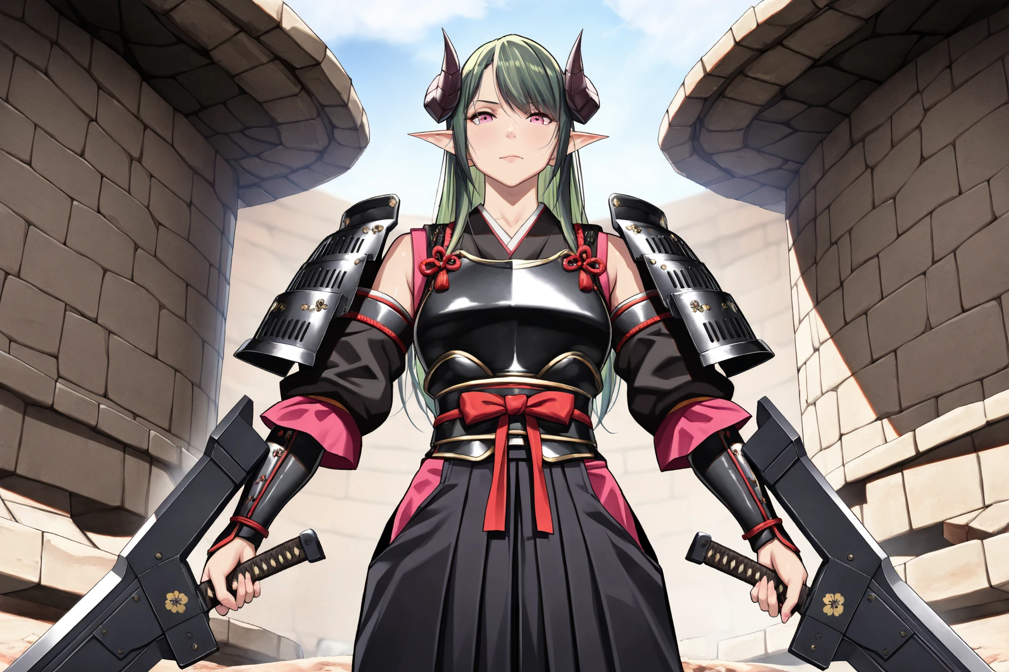 (masterpiece, ultra quality, official art, 8k, beautiful and aesthetic, extreamly detailed:1.3), (1 lady), solo, (cowboy shot:1.3), (Scene on the battlefield), anatomically correct, absurdres, (well-defined facial features, perfectly proportioned face, graceful and symmetrical features, fine details and realistic textures, ultra detailed face, delicate facial features:1.4), active cute succubus, elfin ears, shiny green hair, pink eyes, A pair of little horns, (heavy armed samurai costume, black hakama:1.3), (shooting two heavy weapons),