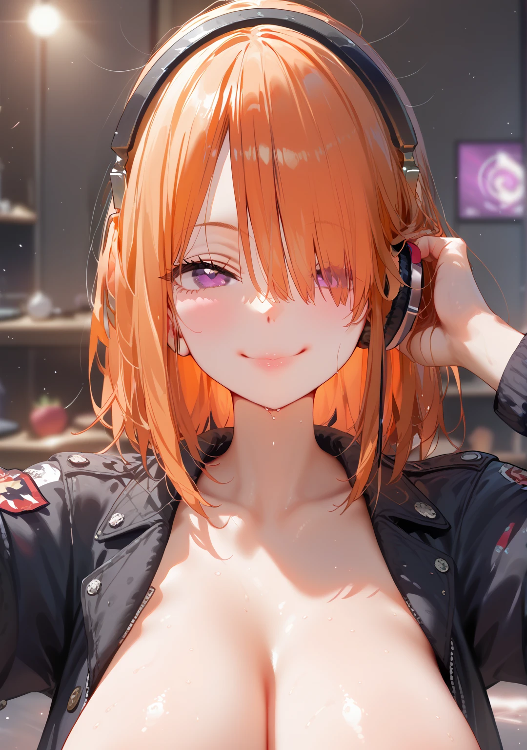        best quality,        best quality,    , masterpiece,        ultra high resolution,        detailed background  ,        absurd, perfect anatomy,        performance  , Good lighting,    Vegapunk_Lilith, Lilith,   headphones  , Bangs covering one eye,   bright orange hair,   purple eyes:1.2), masterpiece、   best quality、masterpiece,   High Definition , 8K quality,   perfect face,   1 girl,  facial beauty,   beautiful detailed eyes, Alone,   cute face、confident smile,  red cheeks ,   wide hips、   thin waist 、  very big breasts  、  jacket, naked、  Sexy Poses  ,   squirt