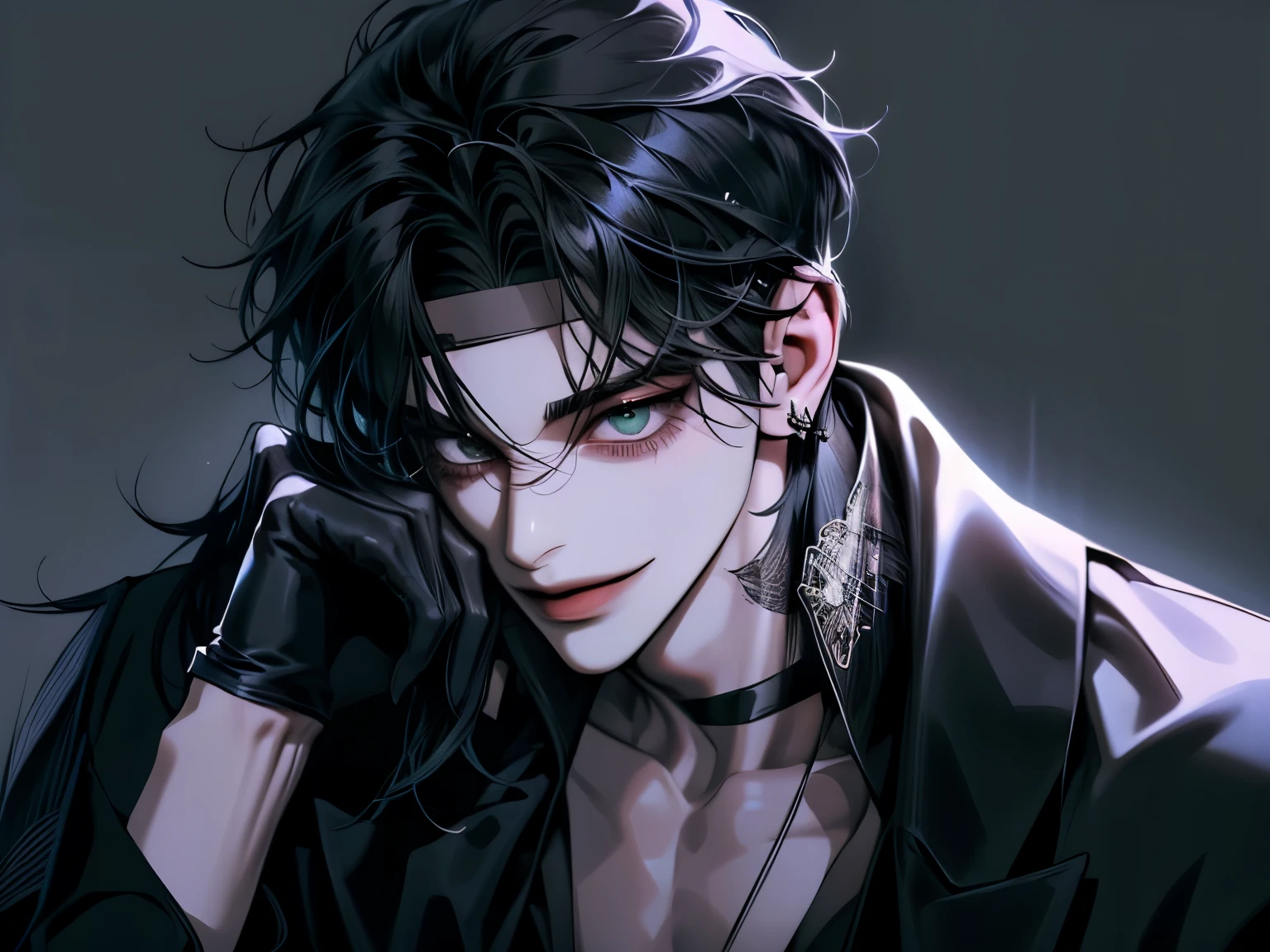 boy, Long hair style with bangs covered, long black hair , sharp eyes, white skin , side view , ((black shirt and black headband)), Dark alley background , earring, black gloves , Bouncing a silver coin, (Black tattoo), green eyes, Smiling , whole body, sitting on the floor