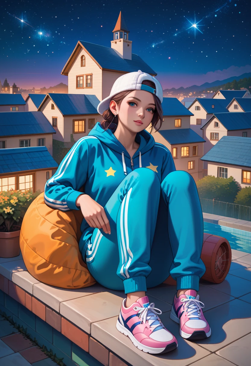  The roof of the Tile House ,  girl , lying on the roof,  Reaches Out to Heaven,  Warm Hat , jacket , mother,  Sweatpants , Sneakers, town, Night,  bright stars , without clouds , masterpiece, 8 k,  Complex Details ,  Clear Picture ,  better quality, 