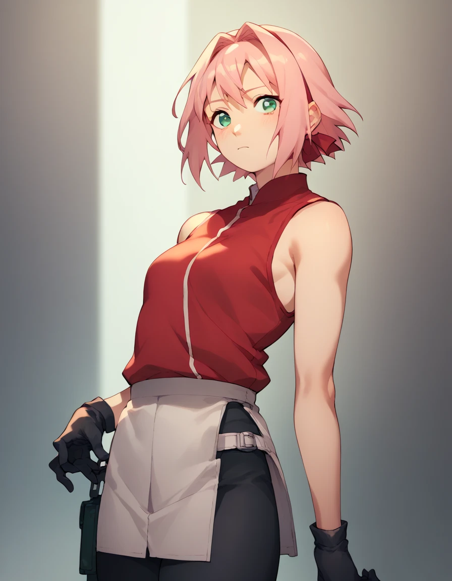 Sakura Haruno from Shippuden Green eyes, short pink hair, black gloves, short gray skirt, red sleeveless shirt, and tight black pants that reach her thighs And lifts her skirt She lifts her skirt  She points her finger to her pubis.