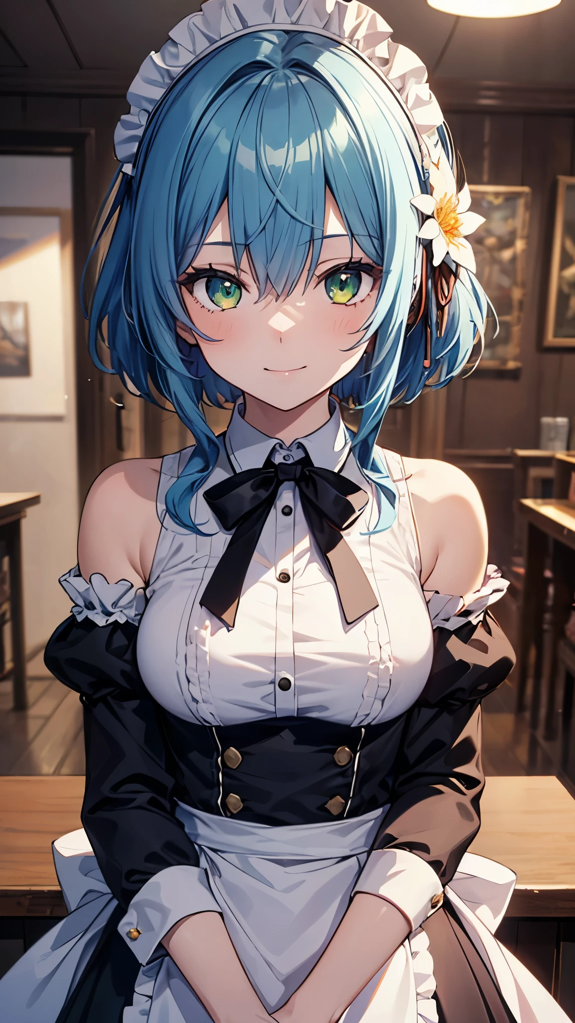 VILLHAZE, 1GIRL, BLUE HAIR, SHORT HAIR, BANGS, GREEN EYES , HAIR BETWEEN EYES, HAIR ORNAMENT, MAID HEADDRESS, HAIR FLOWER, SIDELOCKS, MEDIUM BREASTS,smile,
WHITE SHIRT, FRILLED SHIRT, NECK RIBBON, BARE SHOULDERS, DETACHED SLEEVES, PUFFY SLEEVES, LONG SLEEVES, BLACK SLEEVES, MAID, WAIST APRON, BLACK SKIRT,masterpiece,Noise Reduction,perfect anatomy,high resolution, ultra-detailed, ultra-detailed face,game cg,dutch angle ,beautiful detailed eyes,visualart,five fingers, perfect hands, perfect lighting, sparkling pupils,(highly detailed:1.5),