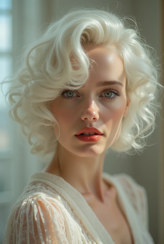  Photo of a woman's face, on a light background , lips painted , curly white hair 