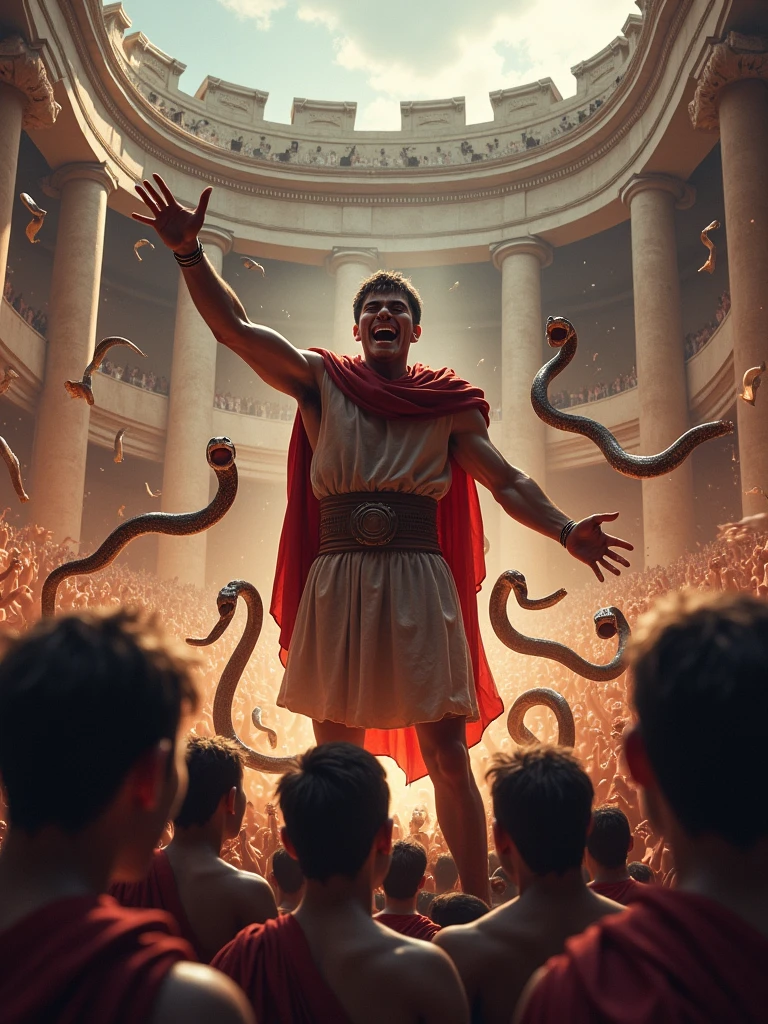 Gladiator dressed in red and white standing over many defeated monkeys dressed in blue and black