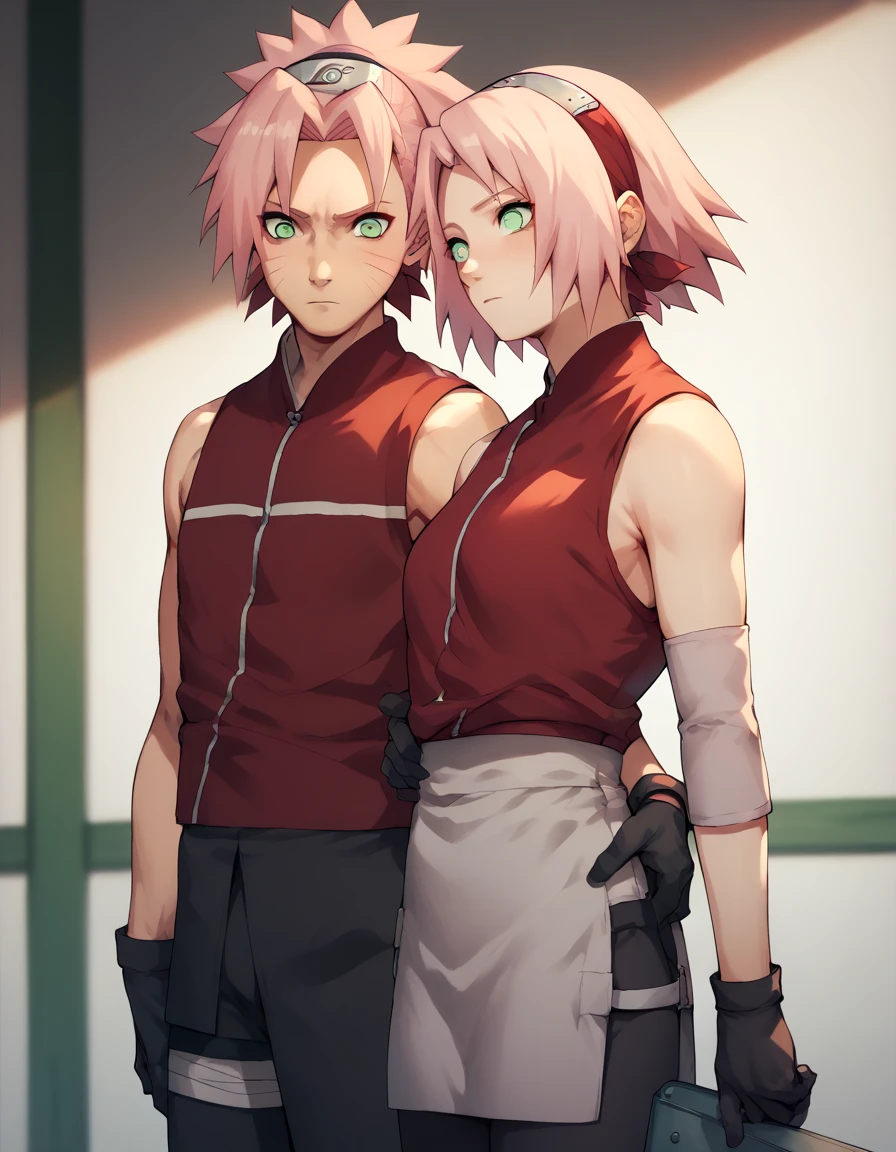 Sakura Haruno from Shippuden Green eyes, short pink hair, black gloves, short gray skirt, red sleeveless shirt, and tight black pants that reach her thighs And lifts her skirt She lifts her skirt for Naruto 