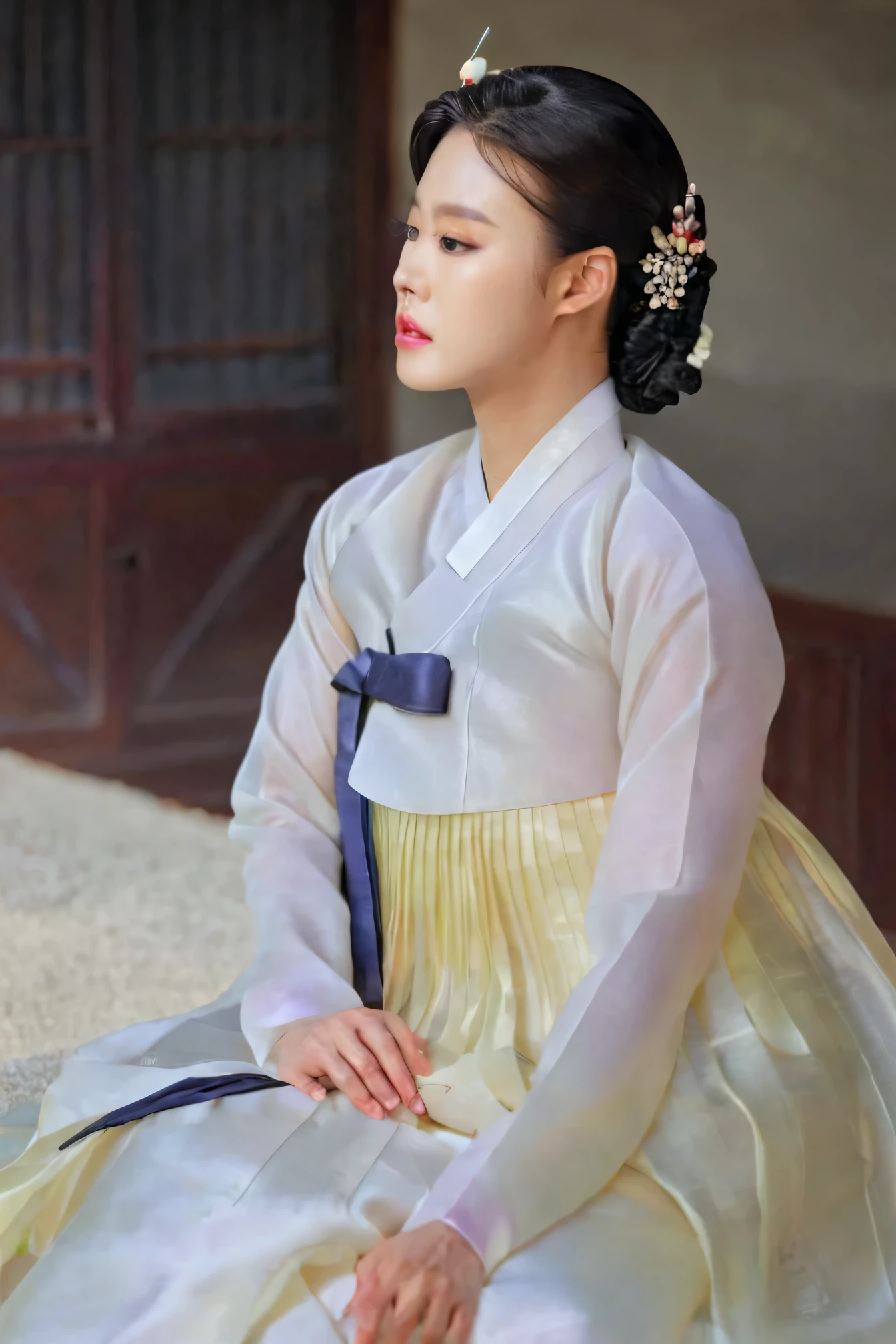 A Korean man in women's hanbok, hi is crossdresser, His face and hairstyle are very masculine, silk, Sexy Hanbok for sexy women, breasts like a woman, white, slender female body, sexy see-through jacket, satin, little side view, full body shot, sit quietly