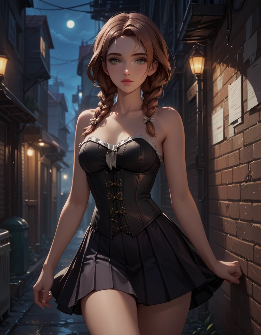 score_9, score_8_up, score_7_up, 1girl, solo, BREAK beautiful waifu, very sexy (Anna, brown hair, braided pigtails:1.3), BREAK wearing (sexy black_corset, bare arms, bare shoulders:1.4), (tight skirt, white_skirt:1.3), thighs, BREAK (night, dark:1.4), dark alley, shallow depth of field, vignette, bokeh, BREAK (Hand, detailed, perfect, perfection, hands:1.2), perfect hands, perfect proportions, simple background, (cowboy shot:1.2).