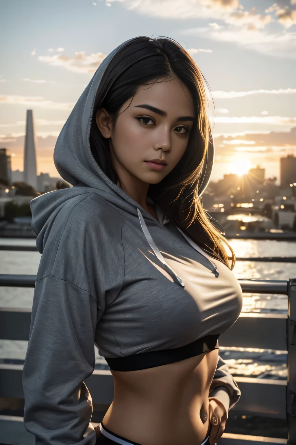 (photorealistic, 8k, hyperdetailed, highest quality, RAW), fashion photography, portrait, closeup, 1girl, pretty, cute face, most beautiful in the world, detailed eyes, long dark hair, large sagging breasts, wearing grey hoodie, sports bra:1.2, intricate details, San Francisco background, sunkissed, sfw:1.5, bokeh, golden hour, sunset, beautiful clouds,