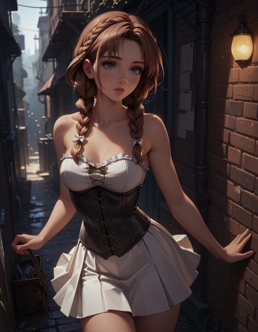 score_9, score_8_up, score_7_up, 1girl, solo, BREAK beautiful waifu, very sexy (Anna, brown hair, braided pigtails:1.3), BREAK wearing (sexy black_corset, bare arms, bare shoulders:1.4), (tight skirt, white_skirt:1.3), thighs, BREAK (night, dark:1.4), dark alley, shallow depth of field, vignette, bokeh, BREAK (Hand, detailed, perfect, perfection, hands:1.2), perfect hands, perfect proportions, simple background, (cowboy shot:1.2), high angle.