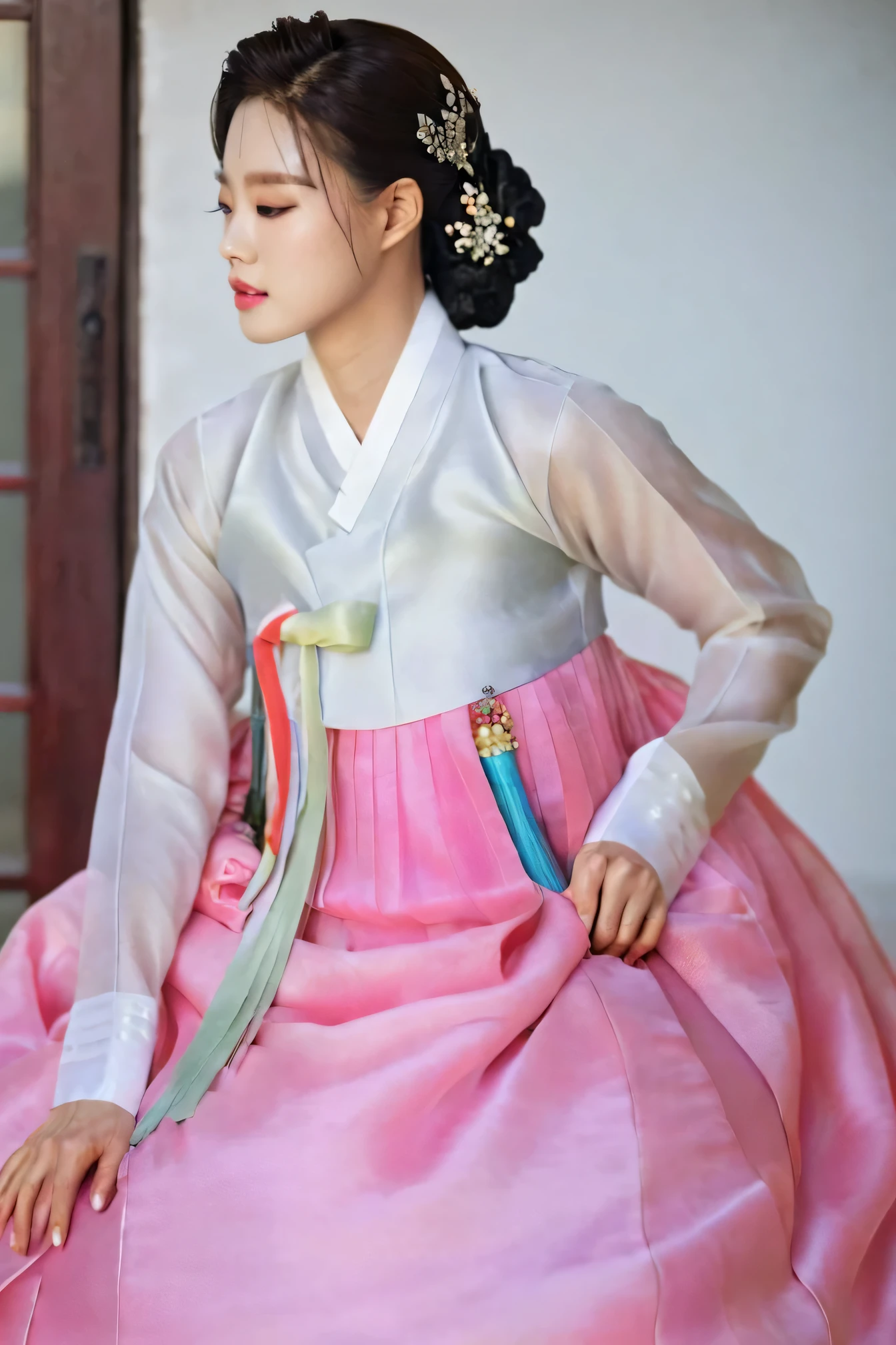 A Korean man in women's hanbok, hi is crossdresser, His face and hairstyle are very masculine, silk, Sexy Hanbok for sexy women, breasts like a woman, white, slender female body, sexy see-through jacket, satin, little side view, full body shot, sit quietly