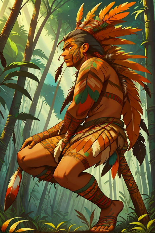 in a very dense and very humid jungle, a native american from amazon with beautiful amerindian makeup on his face. the man is hunting and slowly stalking his prey. he holds a thin spear in his hands and looks at the horizon towards a prey. the image is a masterpiece and it is an ultra detailed image with an extraordinary play of light.