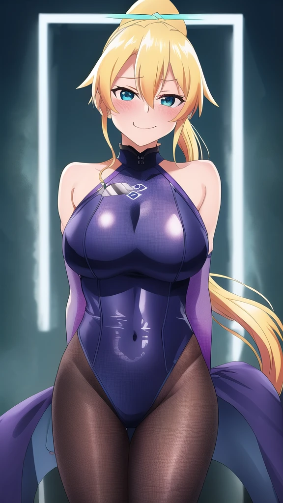   erotic、Leafa、 blonde ponytail、Big Breasts、Alone,、navy blue wetsuit、 wicked background with purple neon light、bedroom、  best quality,  detailed face ,  detailed eyes on board,  high definition ,、 Evil Evil Female Executive、An evil smirk、White Breath、Fallen into evil、Fall into Darkness、Dark Side、lure、Estrus、 Tall、cool、 standing、Ami Tights、 angle from below