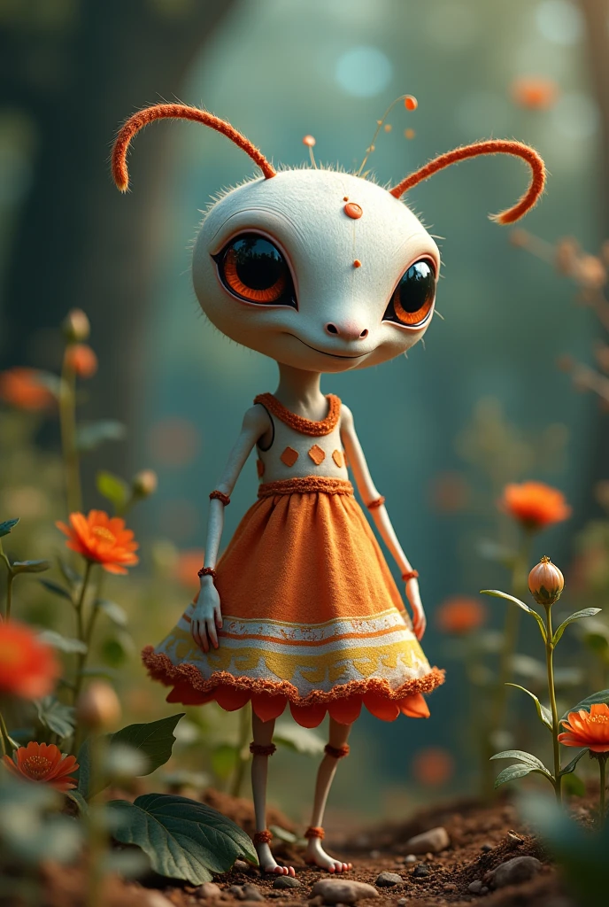 A white ant with its artificial dress ,  There are exquisite spots and stripe patterns on top, standing in the forest with flowers, leaves, and natural elements, which help create a dreamy effect. The blue and orange color,Blend earthy tones and deep reds. Dynamic posture, 