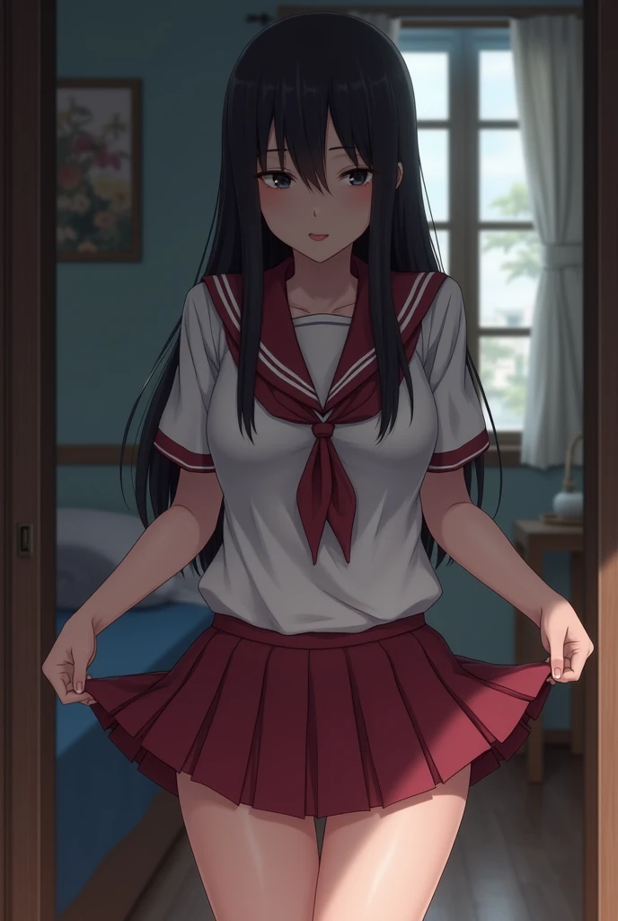 high tail hairstyle, Ponytail hairstyle, Long wavy black hair, standing posing, anime girl style, pixel art anime style,penetrating look with deep eyes,red and purple eyes, hair with a ponytail hairstyle trapped with a big red bun, Women, red hair clips, x color shaped hair clips , short white shirt, smooth receptionist miniskirt, smiling face blush, standing in his bedroom, next to his bed, lifting her skirt, grabbing her skirt with her hands to lift it up, letting her look at her underwear. 