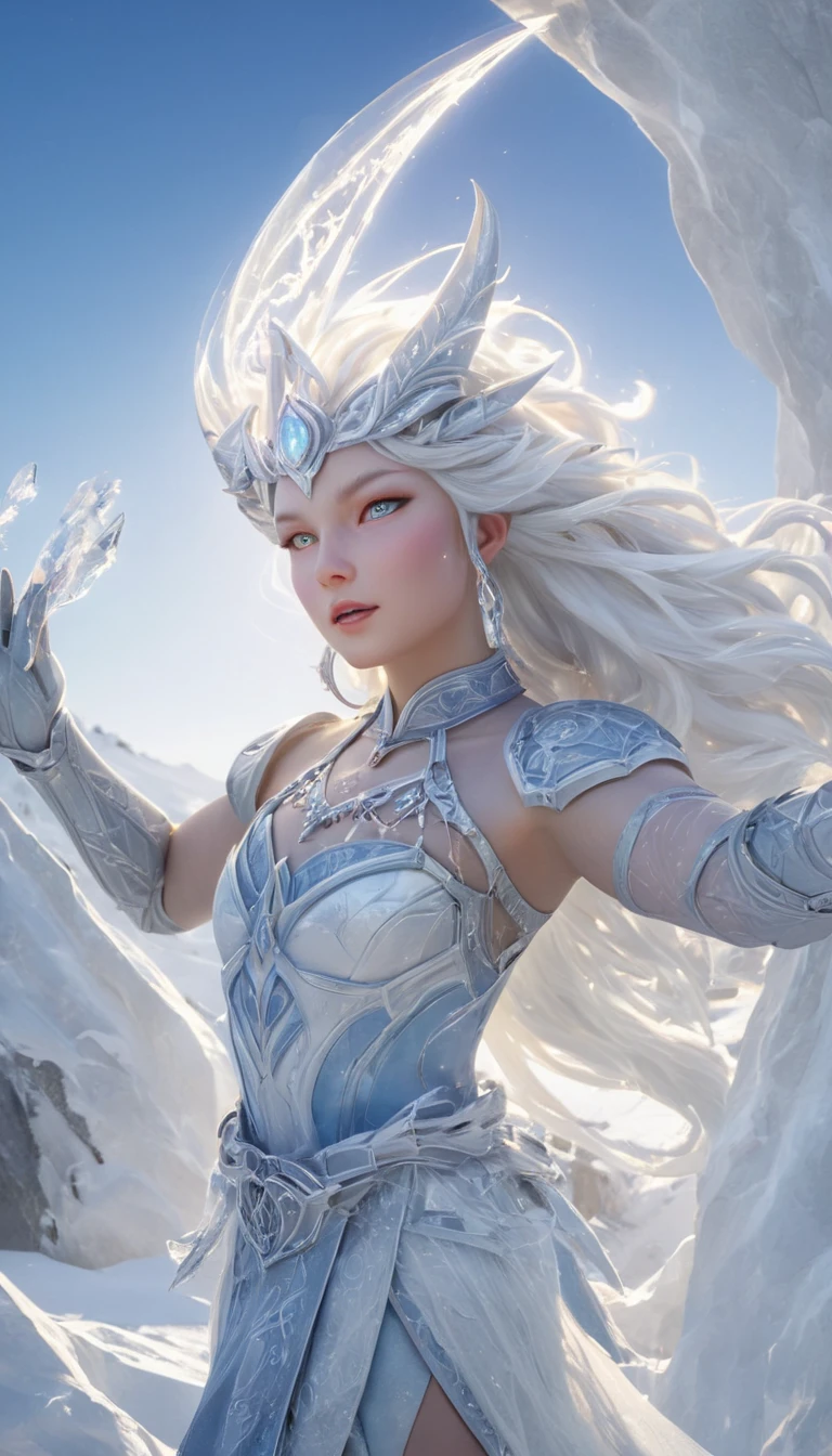 (((  surrenders ))) photograph,( super detailed face),((light)),A regal and ethereal Shiva stands gracefully atop a snow-covered mountain peak, surrounded by a glacial landscape. Her icy blue skin glows softly, harmonizing with the shimmering snowflakes swirling gently in the frosty wind. She wears intricate, crystalline armor adorned with delicate patterns resembling frost and icicles. Her long, flowing hair sparkles like freshly fallen snow, and her piercing, serene gaze exudes an aura of calm power. Behind her, towering ice cliffs and frozen waterfalls reflect the sunlight, casting a mesmerizing glow across the scene. The atmosphere is both majestic and serene, embodying the essence of winter and divine frost