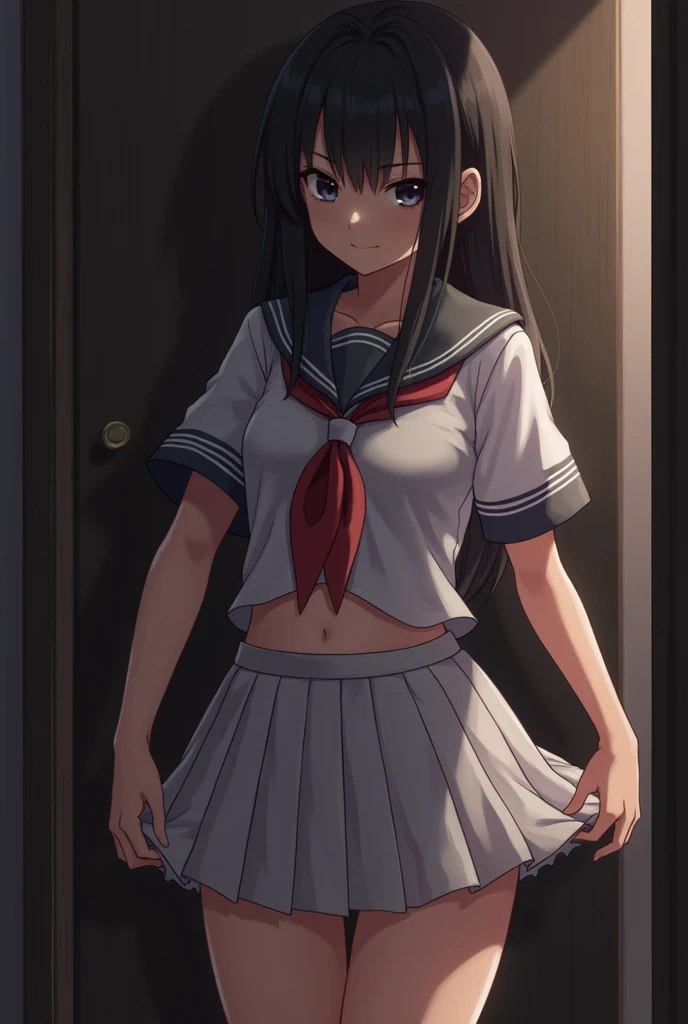 nsfw,Viewer Caution,1boy,suzune horikita, (Red eyes:1.3),locker room,Show the whole body,legs apart,Medium chest,Hair Ribbon,Upper body naked,White panties,sweaty,Pussy line,