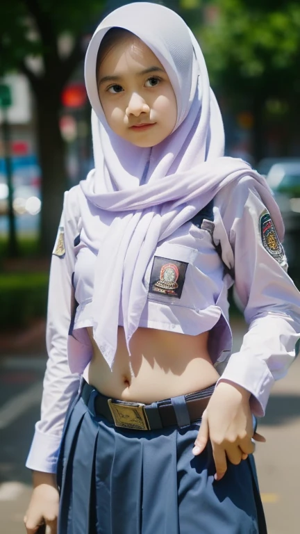 (((Ultra-HD-quality-details))) , school girl wearing hijab (gen z ) , long sleeve uniform  ,open the navel down ,low waisted long skirt  (like a belly dancer )  wears black belt  (buckle) ,whole body ,realistic,(8k resolusion)