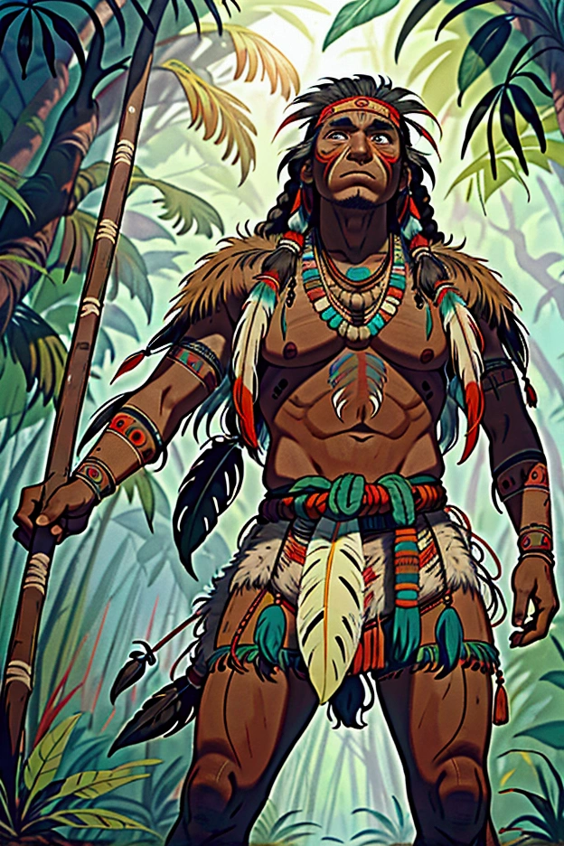 in a very dense and very humid jungle, a native american from amazon with beautiful amerindian makeup on his face. the man is hunting and slowly stalking his prey. he holds a thin spear in his hands and looks at the horizon towards a prey. the image is a masterpiece and it is an ultra detailed image with an extraordinary play of light.