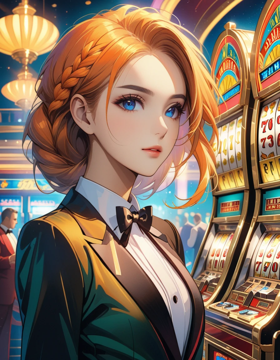  Slot Machines , casino,  Girl in a Tuxedo , costs, Shuffles Cards ,  Braided Scythe ,  Beautiful eyes,  Sharp Colors ,  Beautiful Lighting, bright colors,  better quality,  Complex Details , 8 k, masterpiece,