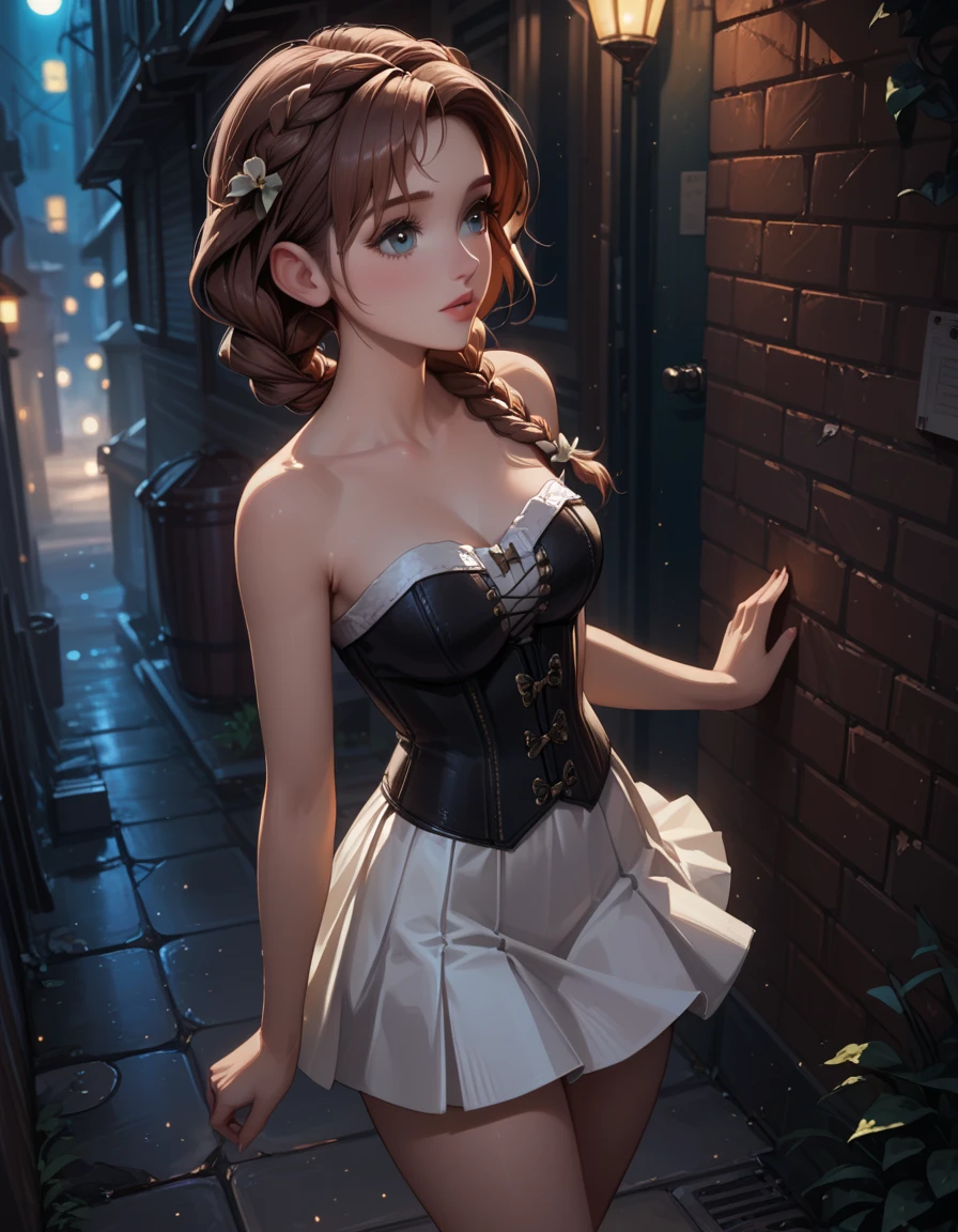 score_9, score_8_up, score_7_up, 1girl, solo, BREAK beautiful waifu, very sexy (Anna, brown hair, braided pigtails:1.3), BREAK wearing (sexy black_corset, bare arms, bare shoulders:1.4), (tight skirt, white_skirt:1.3), thighs, BREAK (night, dark:1.4), dark alley, shallow depth of field, vignette, bokeh, BREAK (Hand, detailed, perfect, perfection, hands:1.2), perfect hands, perfect proportions, simple background, (high angle:1.2).