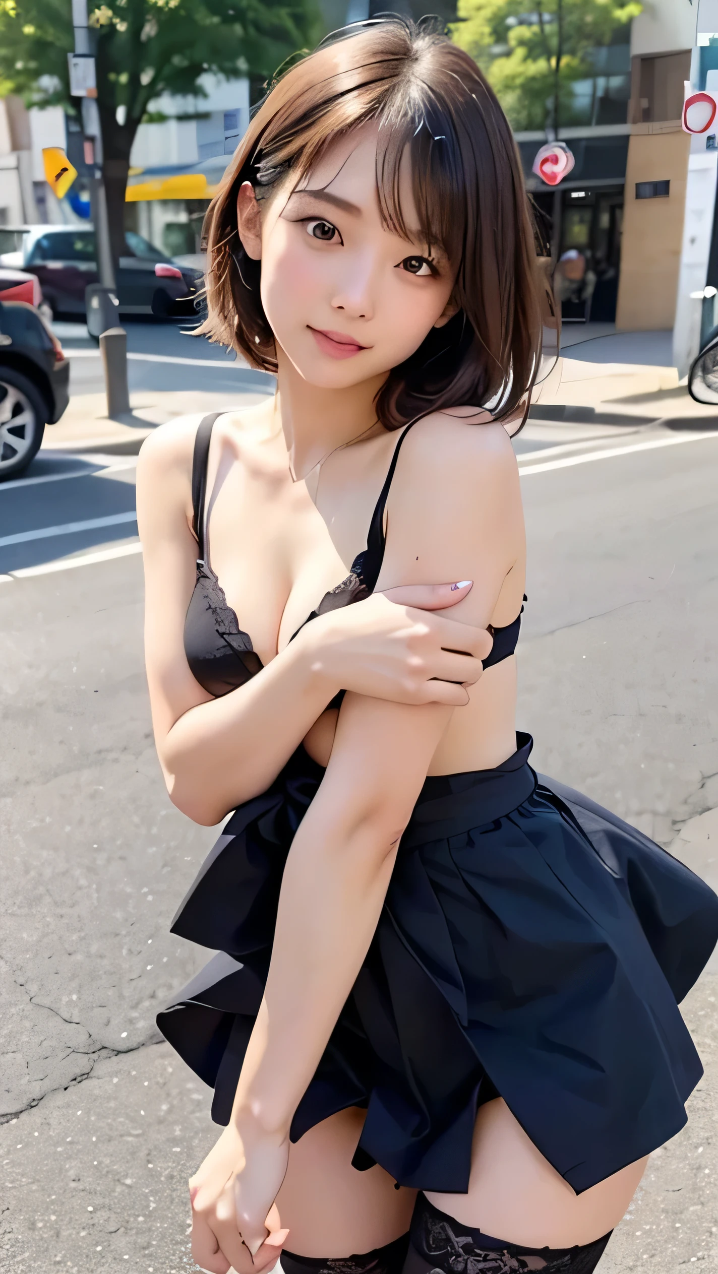 ((whole body from thighs:1.5)), ((Photorealism)),
((highest quality, 8k, masterpiece: 1.3)), Perfect body beauty: 1.4, (Breast A cup:1.5), Small breasts, Round shaped breasts, Perfectly shaped breasts, Highly detailed face, Beautiful woman, Slim face, Highly detailed face and skin texture, Highly detailed lips, highest quality, masterpiece, 超A high resolution, (Realistic:1.4),
((28 years old, Beautiful sister)),
((Put on a navy blue trench coat, Neat cache-coeur dress, Carry a mini pouch over your shoulder, Do not expose skin:1.5)),
((Cute Earrings, Silver Necklace)),
((Stylish city street, Walking briskly, Get the attention of those around you, I can see your beautiful thighs:1.5)),
((Sexy atmosphere, Gaze seducing a man, hold out your lips, A sigh escapes:1.2)),
((Point slightly upwards)),
((Squint your eyes)),
((purse your lips:1.2)),
((Blushing:1.2)),
((Open your mouth a little to show your white teeth)),
((Body facing forward)),
((Breast enlargement, Beautiful breasts, Cover your chest with your palms)),
Narrow shoulders, Long, slender legs,
Ultra-detailed skin, Glossy Skin, Ultra detailed face,
Ultra-detailed eyes, Slit eyes, Brown eyes, double eyelid, Beautiful thin eyebrows, Thin, long eyelashes,
Ultra-detailed lips, Fuller lips, Glossy pink lips, Flushed Cheeks, White teeth,
Beautiful actress's languid make-up, Pink lipstick, Smoky eyeshadow, Eye foundation,
Dark brown hair, Delicate and soft hair, Hair blowing in the wind,
(Elegantly putting your hair up, short hair, Straight Hair:1.5), Layered Cut, (Blunt bangs:1.2),