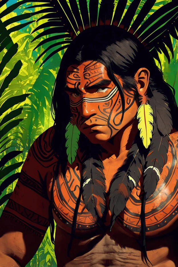 in a very dense and very humid jungle, a native american from amazon with beautiful amerindian makeup on his face. the man is hunting and slowly stalking his prey. he holds a thin spear in his hands and looks at the horizon towards a prey. the image is a masterpiece and it is an ultra detailed image with an extraordinary play of light.