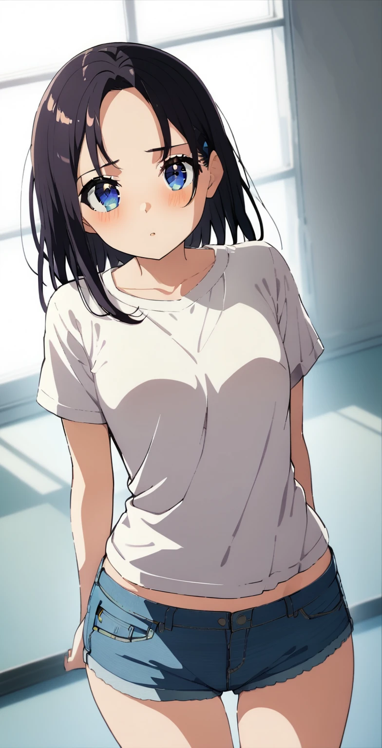 nagatoro : A cute girl dressed in a t-shirt and short denim shorts,Sensual,    in front of me 