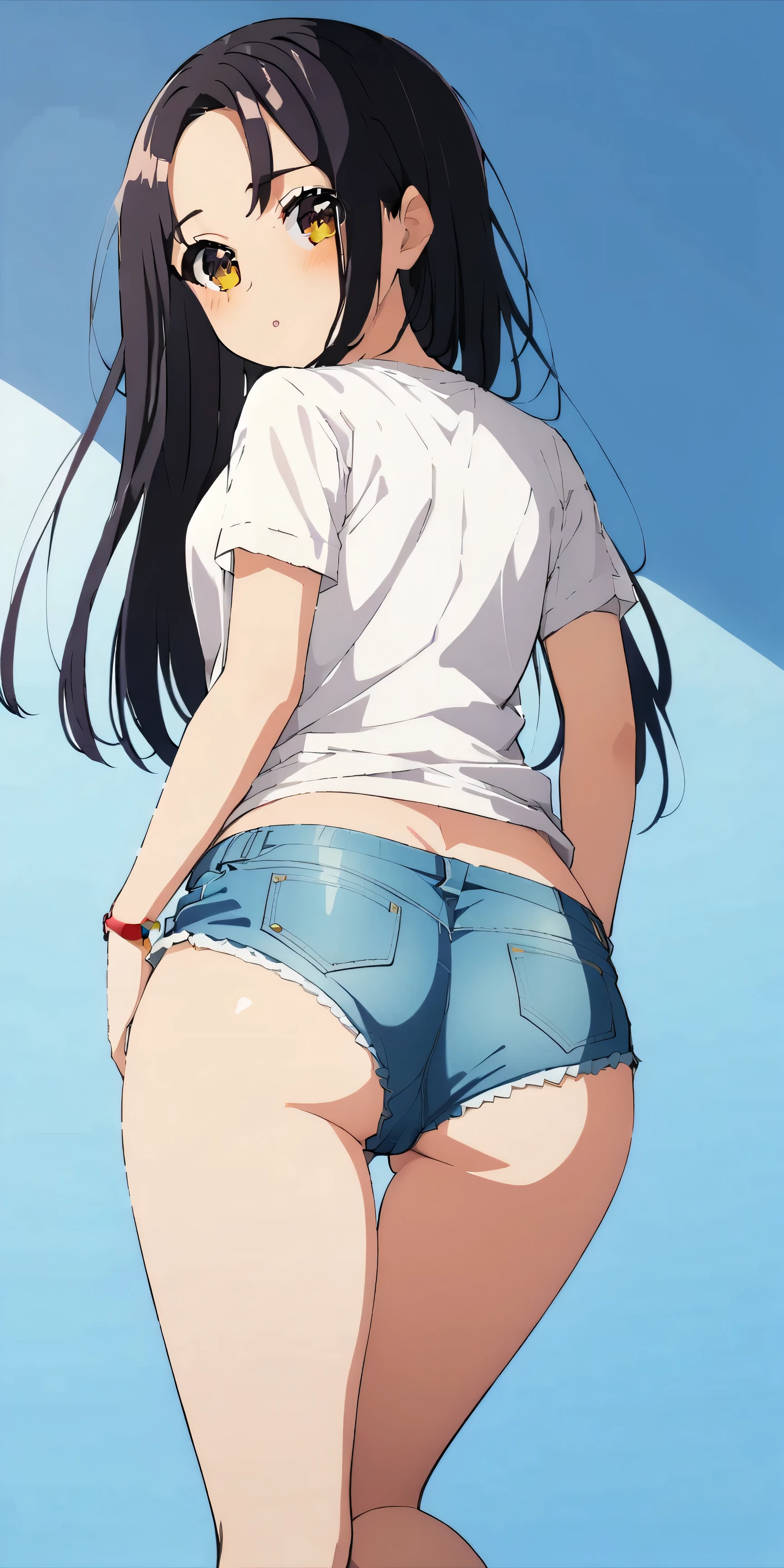 nagatoro : A cute girl dressed in a t-shirt and short denim shorts showing her buttocks,sexy,   in front of me 