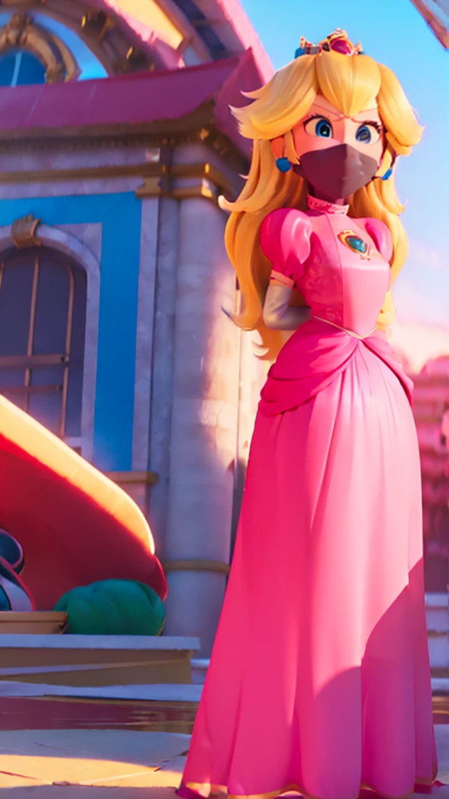 Princess Peach, , ((wearing a long pink dress)), huge breasts, upper body, masterpiece,8k, best quality, good hands,good eyes, pixarstyle, 1girl, solo, style,parody,3d,long hair, detail hair, blonde hair, maximum detail, intricate detail, extremely clear, beach, nsfw, smile, shy, blush, embaressed, ((long hair)), (tall girl), (solo, 1 girl), ((shibari, arms behind back : 1.4)) , ( full face otn gag mask), (full body view),((toes to head view)), ((complete body view photo)), ((standing)), Scared, (Skinny), view the viewer, ((shibari, bound arms, arms back behind:1.4)), ((tied in a wood pole)), ((wood pole)), ((tight full face latex mask)), (otn gag), gagged, (tight latex mask), (black mask), day light, ((she wears a black mask with a mouth printed on it)), (latex face skin), (ninja mask: 1.6)