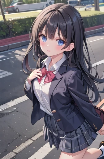 Very cute girl,,
 school uniform,とても big chest、, long black hair, big chest、, blue eyes,underwear, white panties,  pleated skirt, shoes, 紺色のshoes下, (jumping:1.1)
Outdoor, Park,summer,
break
(masterpiece,  best quality, super detailed:1.1),Alone, 1 girl,  dynamic angle without carrying a bag,