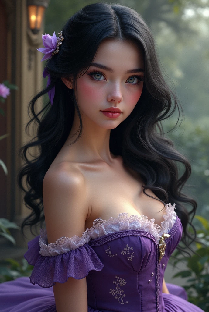 a woman with long flowing purple-tipped black hair, beautiful detailed eyes, beautiful detailed lips, extremely detailed eyes and face, long eyelashes, elegant flowing dress, serene expression, natural lighting, fantasy landscape, glowing purple highlights, ethereal and dreamy atmosphere, (best quality,4k,8k,highres,masterpiece:1.2),ultra-detailed,(realistic,photorealistic,photo-realistic:1.37),vibrant colors,intricate details,cinematic lighting,digital art,fantasy art