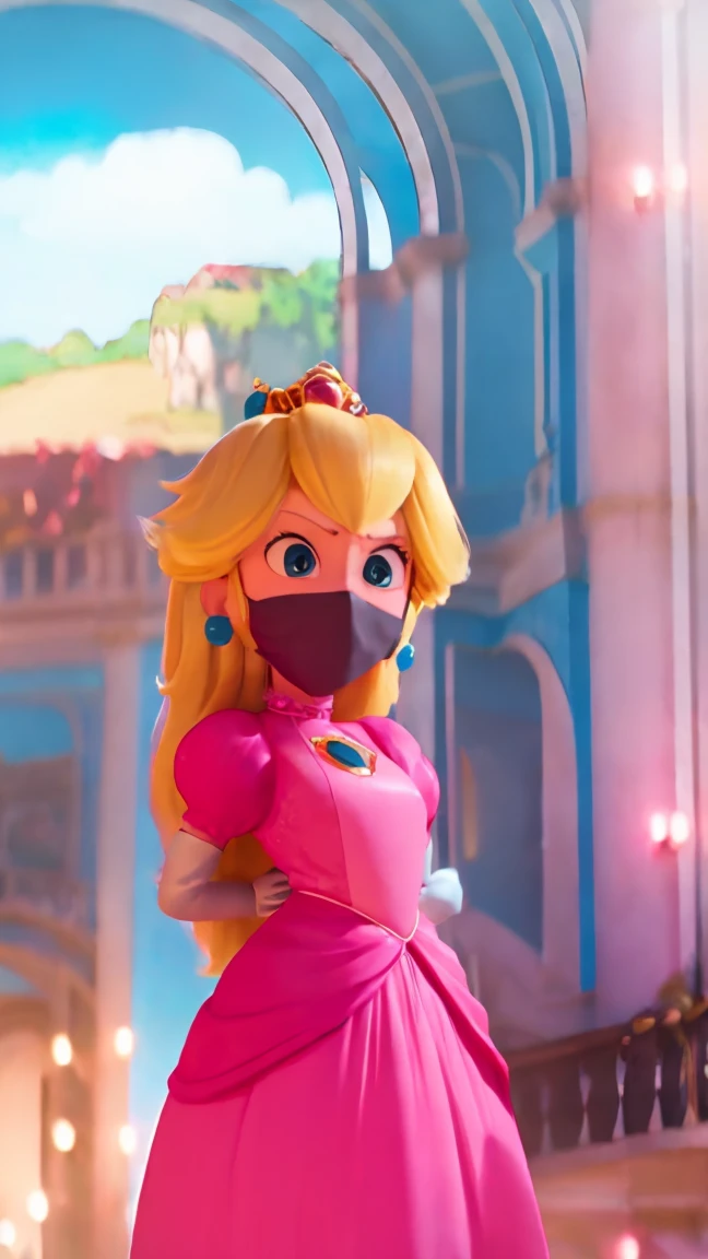 Princess Peach, , ((wearing a long pink dress)), huge breasts, upper body, masterpiece,8k, best quality, pixarstyle, 1girl, solo, style,parody,3d,long hair, detail hair, blonde hair, maximum detail, intricate detail, extremely clear, beach, (worried eyes), shy, blush, embaressed, ((long hair)), (tall girl), (solo, 1 girl), ((shibari, arms behind back : 1.4)) , ( full face otn gag mask), (full body view),((toes to head view)), ((complete body view photo)), ((standing)), Scared, (Skinny), view the viewer, ((shibari, bound arms, arms back behind:1.4)), ((tied in a wood pole)), ((wood pole)), ((tight full face latex mask)), (otn gag), gagged, (tight latex mask), (black mask), day light, ((she wears a black mask with a mouth printed on it)), (latex face skin), (ninja mask: 1.6)