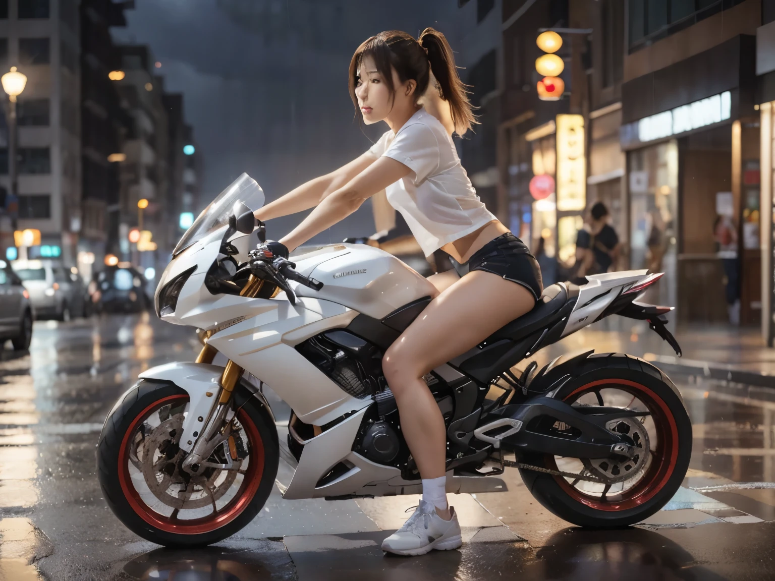 Japanese girl, thick thighs, white short shorts, ride futuristic motorcycle, side view, Highly detailed face and skin texture, perfect human body, middle of the road in a raining city at night, perfect and beautiful face, looking at viewer, sport shoes, perfect hand